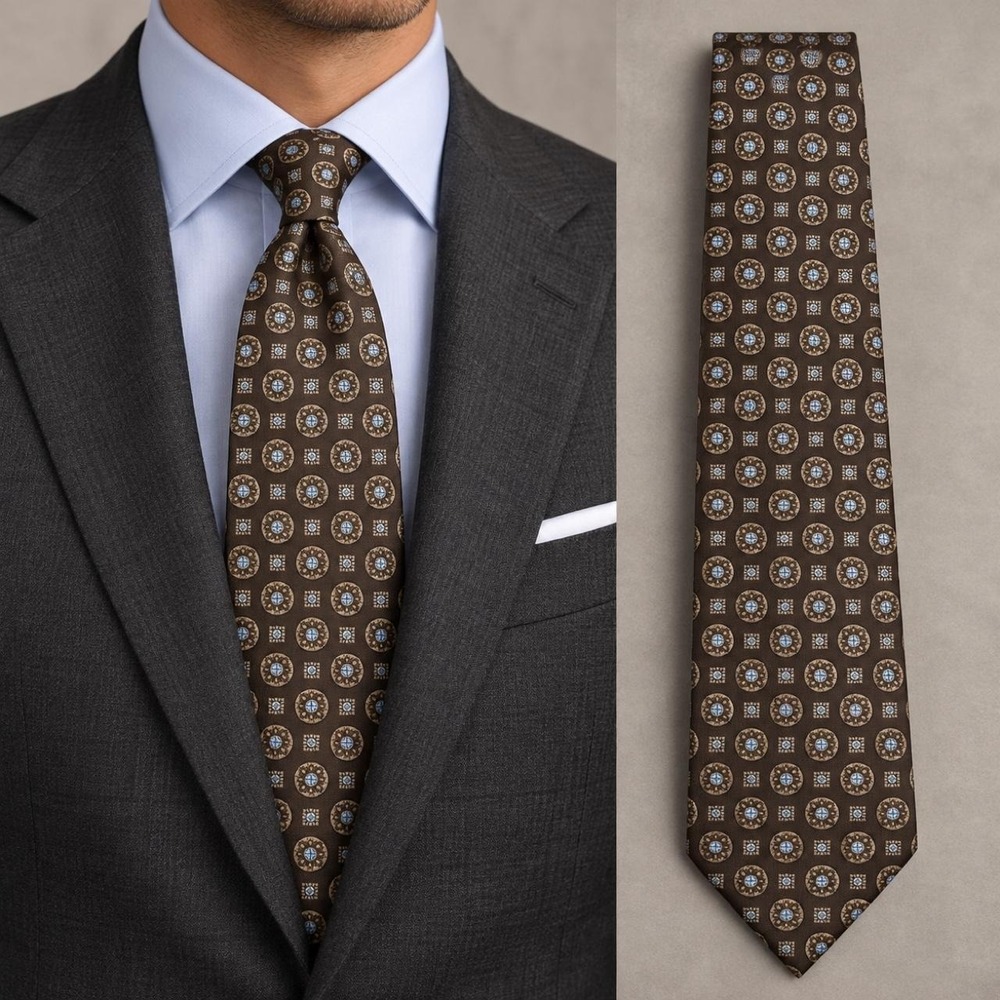Massimo Bizzocchi 100% Silk Tie Brown Blue Medallion Made in Italy 60" Luxury